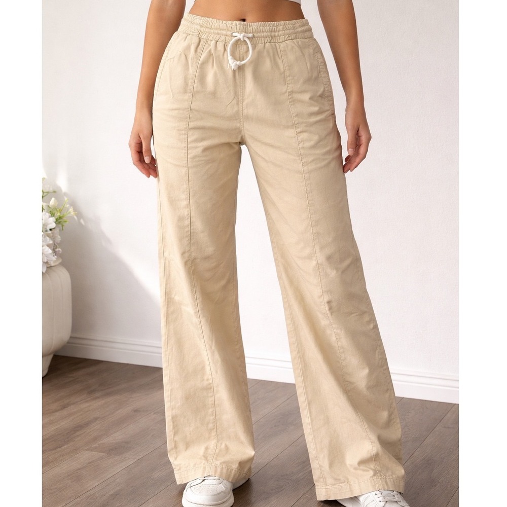 We The Free Free People Beige Cotton Wide Leg Utilityโ Pants Drawstring Large H1